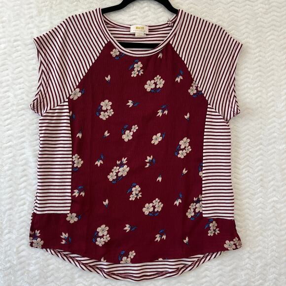 Maeve Anthropologie Shirt Womens Small Burgundy Cream Floral Striped Mixed Media - Picture 1 of 11